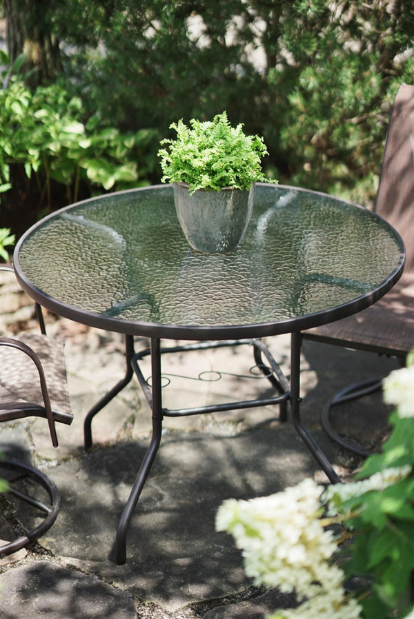 Round Outdoor Patio Dining Table – Steel Frame & Glass Top