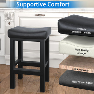 Bar Stools Set of 2, 24 Inch Counter Height Bar Stools for Kitchen Island, Faux Leather Upholstered Thick Saddle Seats & Heavy Duty Metal Base, Easy Assembly, Black