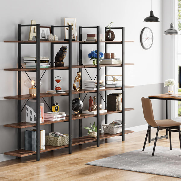 5-Tier Industrial Bookshelf 72" Tall – Metal Frame & Wood Shelves