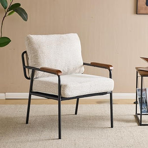 Mid-Century Modern Accent Armchair with Wood Armrests – Linen Upholstered Reading Chair