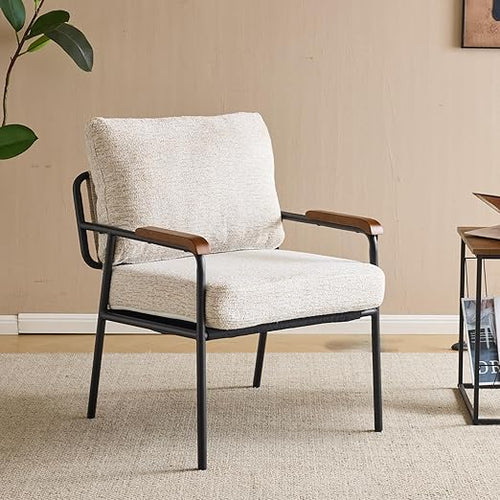 Mid-Century Modern Accent Armchair with Wood Armrests – Linen Upholstered Reading Chair
