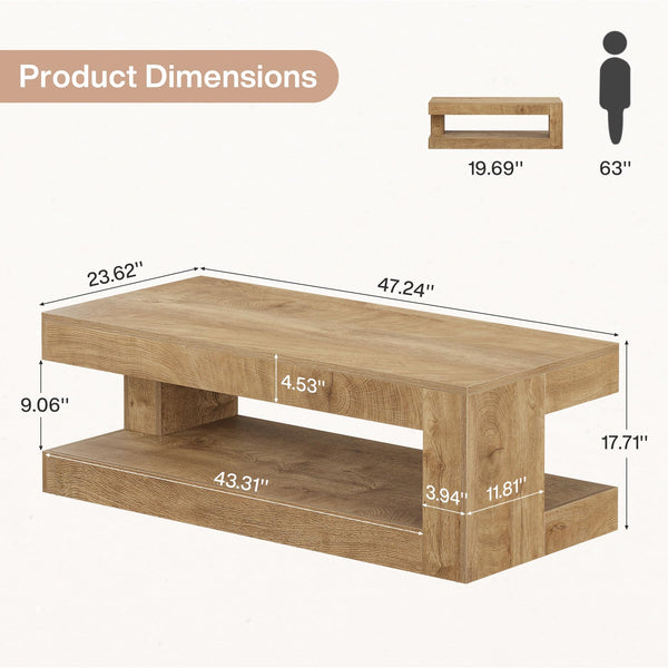 2-Tier Farmhouse Coffee Table, 47" Rectangular Living Room Center Table