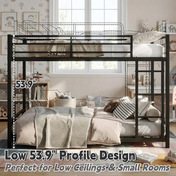 Twin Over Twin Low Bunk Bed Frame – Heavy-Duty Metal with Guardrails