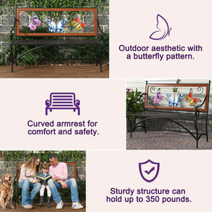 Outdoor Garden Bench with Armrest & Butterfly Pattern Backrest