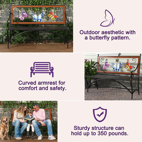 Outdoor Garden Bench with Armrest & Butterfly Pattern Backrest