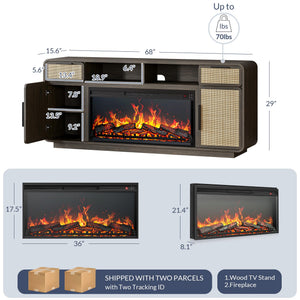 68" Fireplace TV Stand with Rattan Storage Cabinet