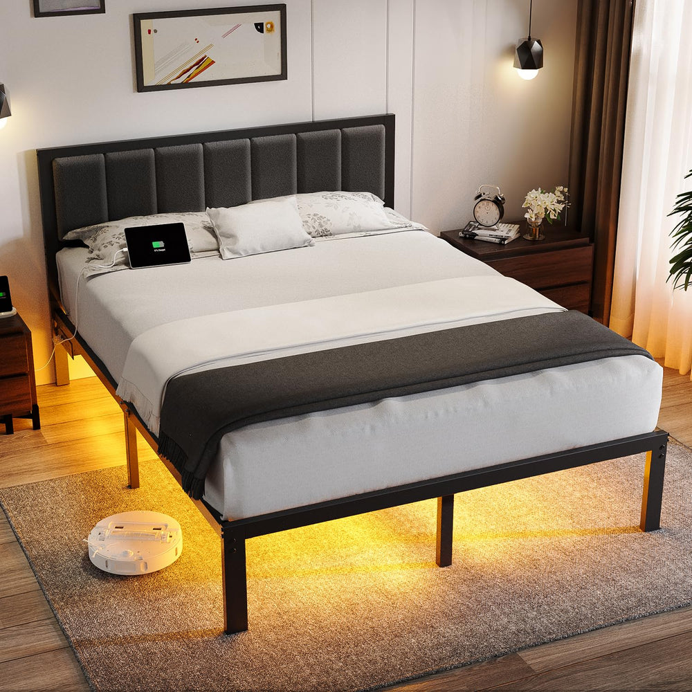 Queen Bed Frame with Headboard, LED Lights & USB Charging – Metal Platform