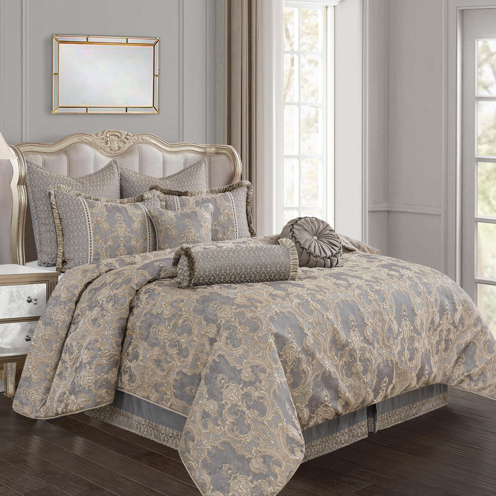 9-Piece Jacquard Comforter Set – Gray & Beige Brown Damask