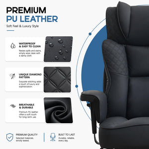 Office Desk Chair, High-Back Big and Tall Leather Chair with Footrest, Ergonomic Reclining Computer Chairs, Comfy Executive Wide Chair with Lumbar Support, Adjustable Padded Armrests, 400LBS (Black)