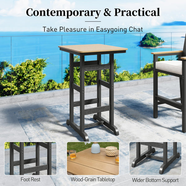 3-Piece Outdoor Bar Set – HDPE High Top Table & Wicker Bar Stools with Cushions