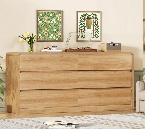 55-Inch 6-Drawer Dresser – Natural Wood Finish