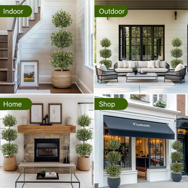 5 ft Artificial Olive Tree Triple Ball Topiary with Moss Pot – Indoor Outdoor Faux Plant