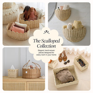 BEBE BASK Premium Scalloped Basket Set Of 2 - Scallop Basket - 16 x 10 x 7 Inch - Hand-Woven Elegant Wicker With Scalloped Edge - Nursery Storage (Mocca)