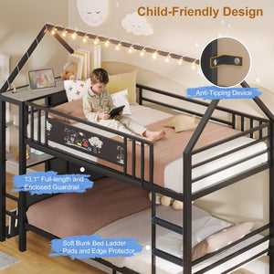 Twin Over Twin House Bunk Bed with Storage Drawers & String Lights