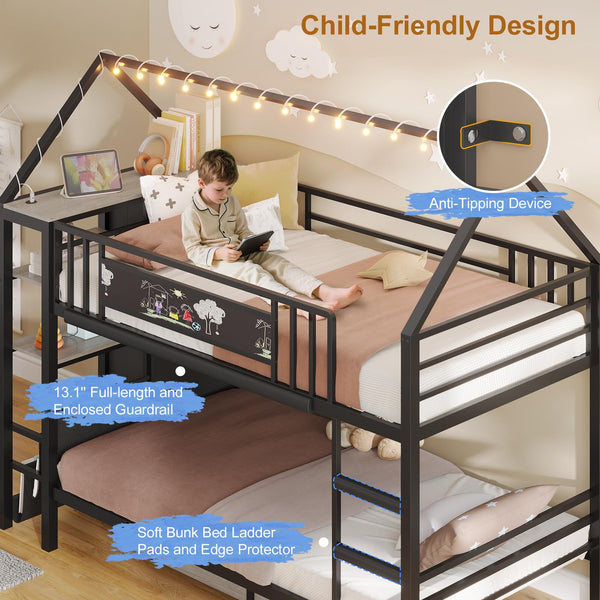 Twin Over Twin House Bunk Bed with Storage Drawers & String Lights