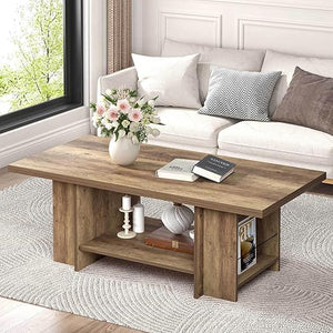 Rustic 2-Tier Coffee Table with Storage Shelves