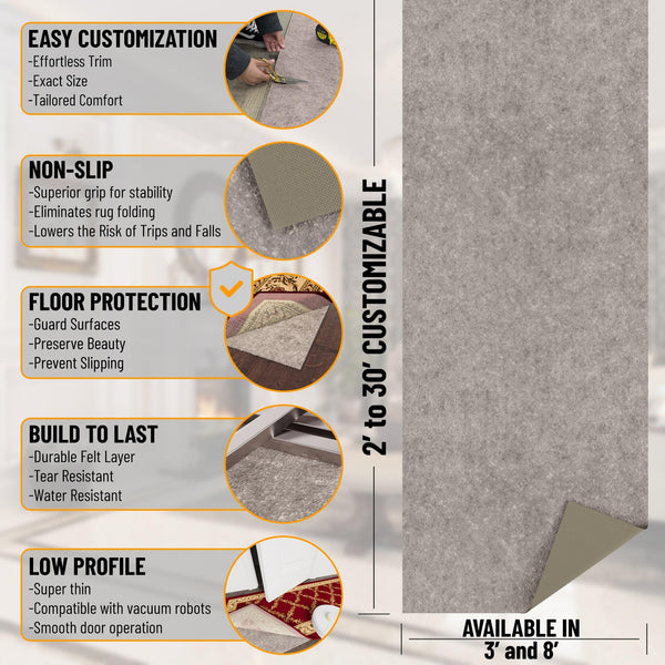 Non-Slip Rug Pad 8x12 – Felt & Rubber Dual Surface, 1/4" Thick