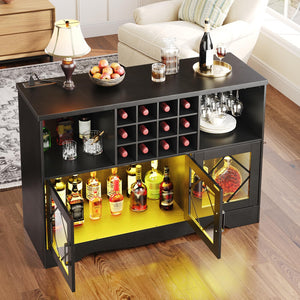 Bar Cabinet with LED Lighting, Wine Rack & Power Outlet