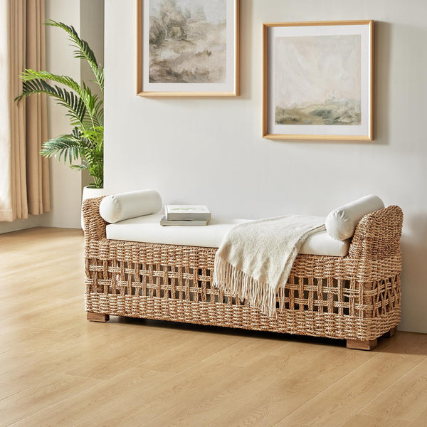 Water Hyacinth Storage Bench with Armrests & Pillows