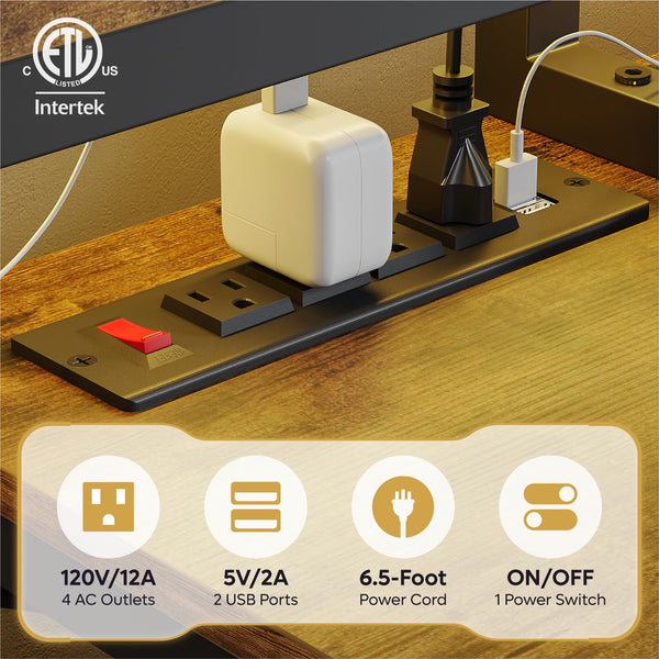 L-Shaped Corner Desk with Power Outlets, LED Strip & Monitor Stand