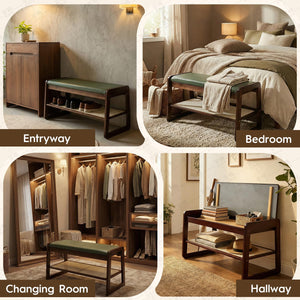 2-Tier Bamboo Shoe Rack Bench with Cushion & Hidden Storage