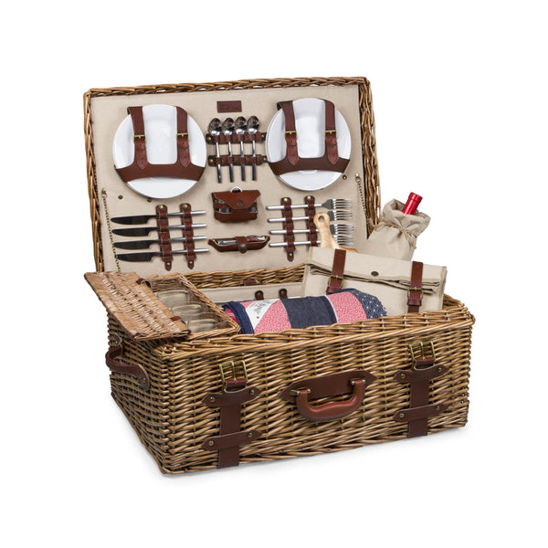 Wicker Picnic Basket Set for 4 – Luxury Deluxe Service with Blanket
