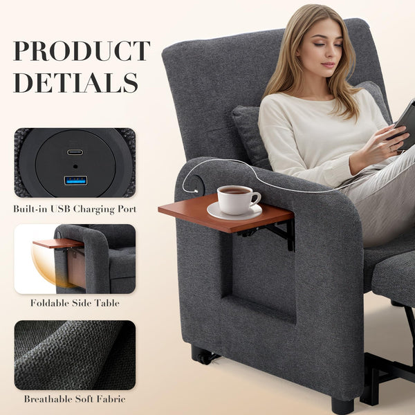 Convertible Sleeper Chair with USB Port & Foldable Table