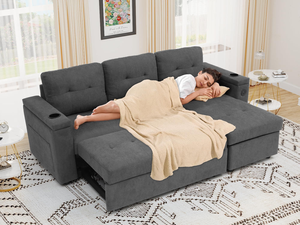 L-Shaped Sleeper Sofa Bed with Storage & USB Charging – Grey