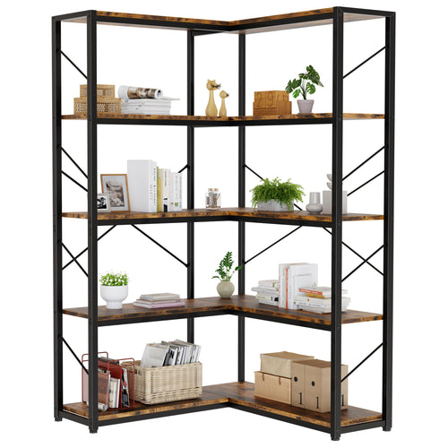 5-Tier L-Shaped Corner Bookshelf with Metal Frame