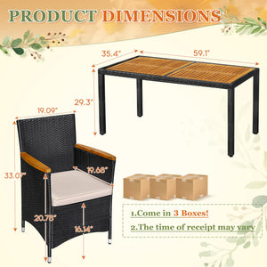 7-Piece Outdoor Patio Dining Set with Rattan Chairs & Acacia Wood Table
