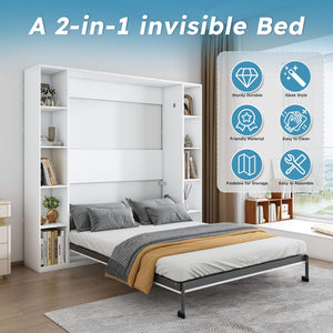 Queen Murphy Bed with Storage Cabinet – White