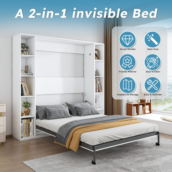 Queen Murphy Bed with Storage Cabinet – White