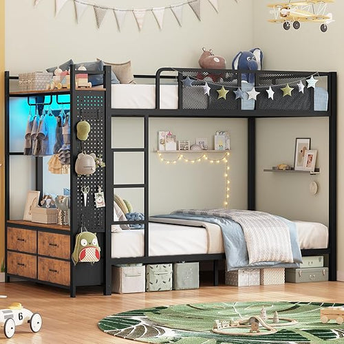 Metal Bunk Bed with Storage, LED Lights & Power Outlet