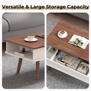 VYRIVA Lift Top Coffee Table, One Minute No Assembly Required Rising Tabletop Center Table with Large Hidden Storage Compartment, Open Shelf, Anti-Pinch Design Mute for Living Room (Walnut)
