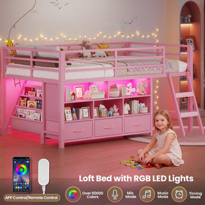 Twin Low Loft Bed with Storage Drawers, Bookshelf & LED Lights