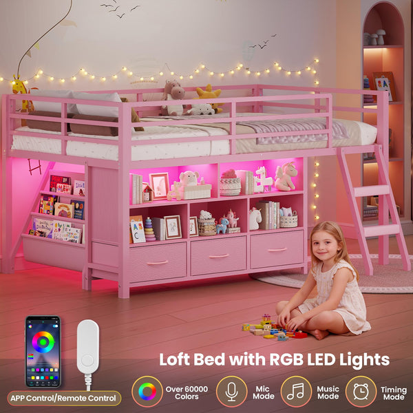 Twin Low Loft Bed with Storage Drawers, Bookshelf & LED Lights