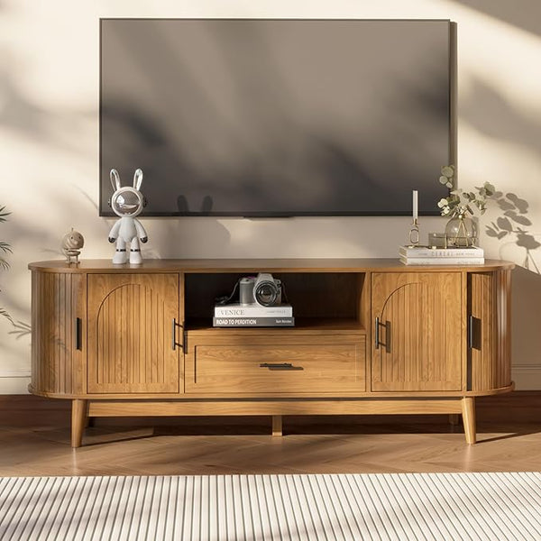 Fluted TV Stand with Drawers & Sliding Doors