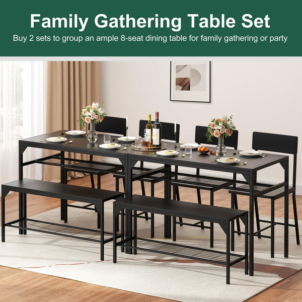 4-Piece Dining Table Set with Bench, 2 Chairs & Storage Rack