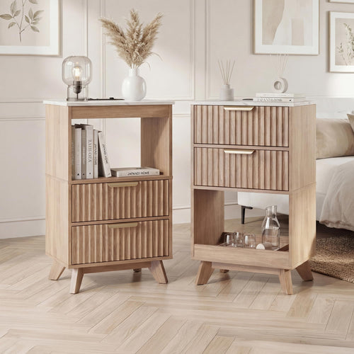 Fluted Nightstand with Charging Station & 2 Drawers
