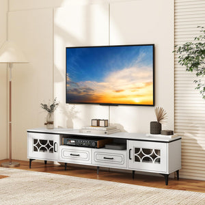 Tangkula Farmhouse TV Stand for TVs up to 80”, 71” Entertainment Center with 2 Drawers, 2 Cabinets & Compartment, with 7 Raised Metal Legs, Wood Media TV Console Table for Living Room (Antique White)