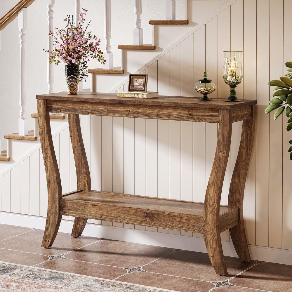Solid Wood Farmhouse Console Table with 2-Tier Shelf