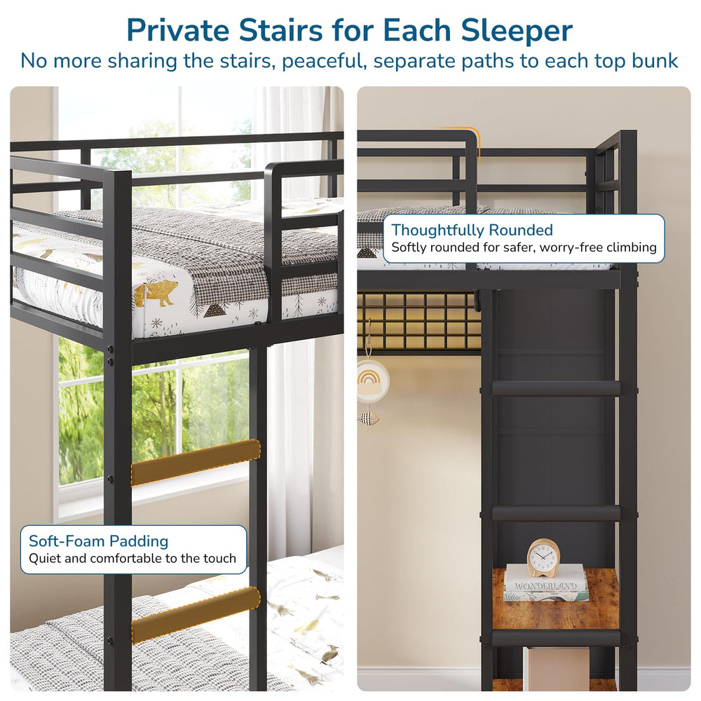 L-Shaped Triple Bunk Bed Twin over Twin with Storage & LED Lights