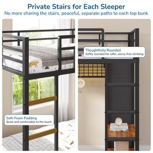 L-Shaped Triple Bunk Bed Twin over Twin with Storage & LED Lights