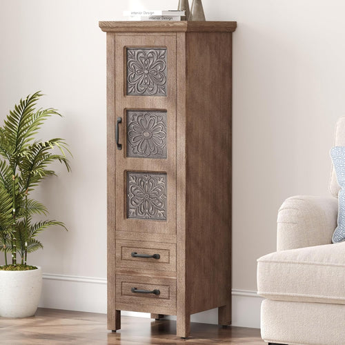 Wood Storage Cabinet with Drawers – Vintage Carved Accent Cabinet