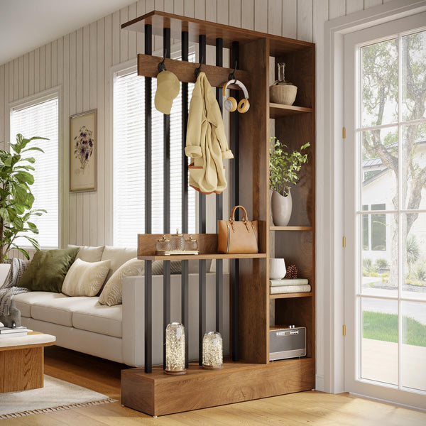 Modern Wood Room Divider with Open Shelves & Coat Hooks – Brown