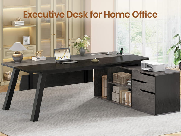 L-Shaped Executive Desk with File Cabinet and Power Outlets