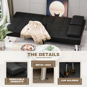 Convertible Futon Sofa Bed with Adjustable Backrest & Cup Holders