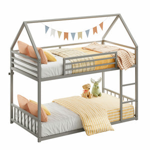 Twin Over Twin House Bunk Bed with Ladder & Guardrail