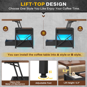 Lift Top Coffee Table 4-in-1 with Storage & LED Light