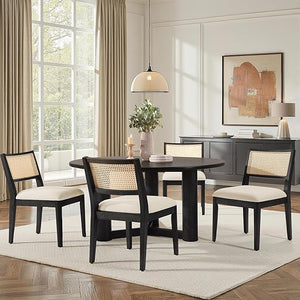 Rattan Dining Chairs with Cushioned Seat & Solid Wood Frame